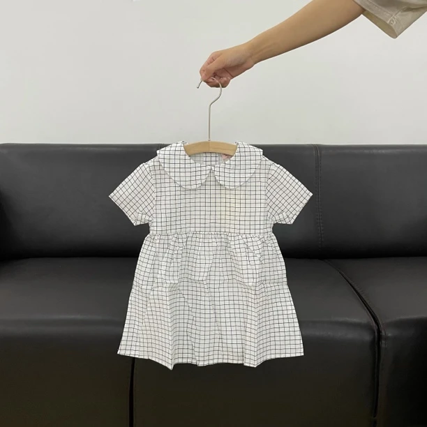 PM*女宝短袖黑白格高腰连衣裙 5155