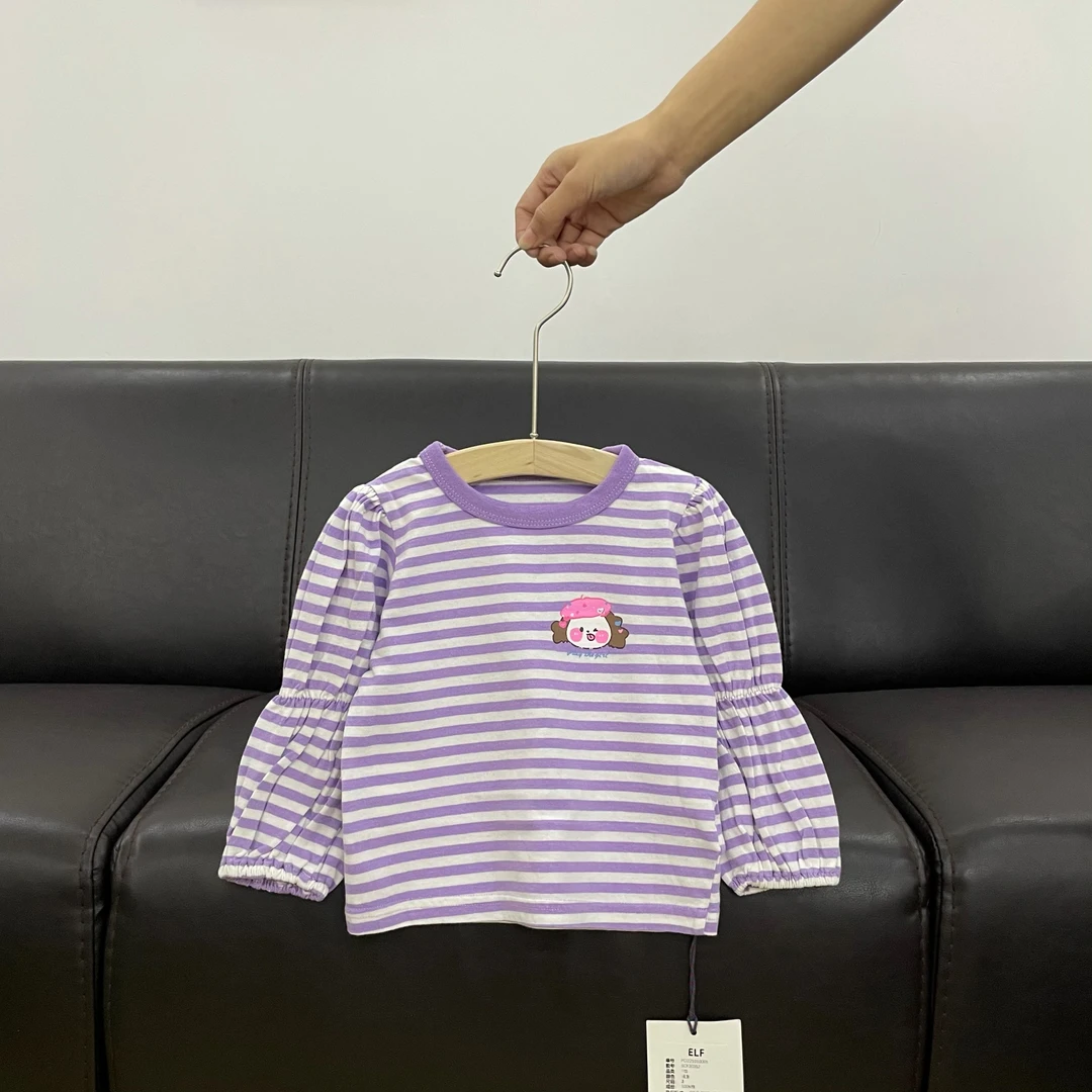 WLF*紫色条纹小女孩印花T恤 0352
