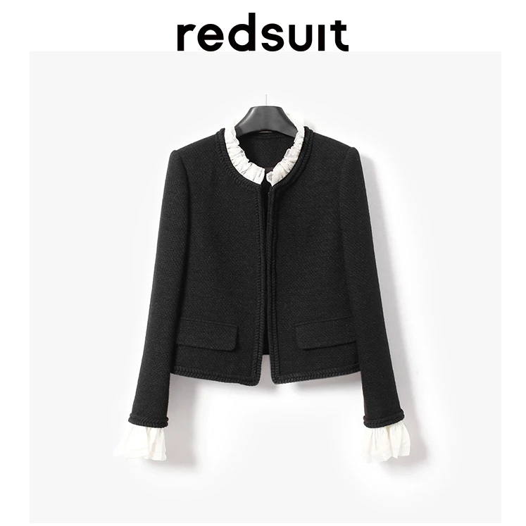REDSUIT荷叶边轻奢气质感黑色百搭小香风粗花呢时尚上衣女外套