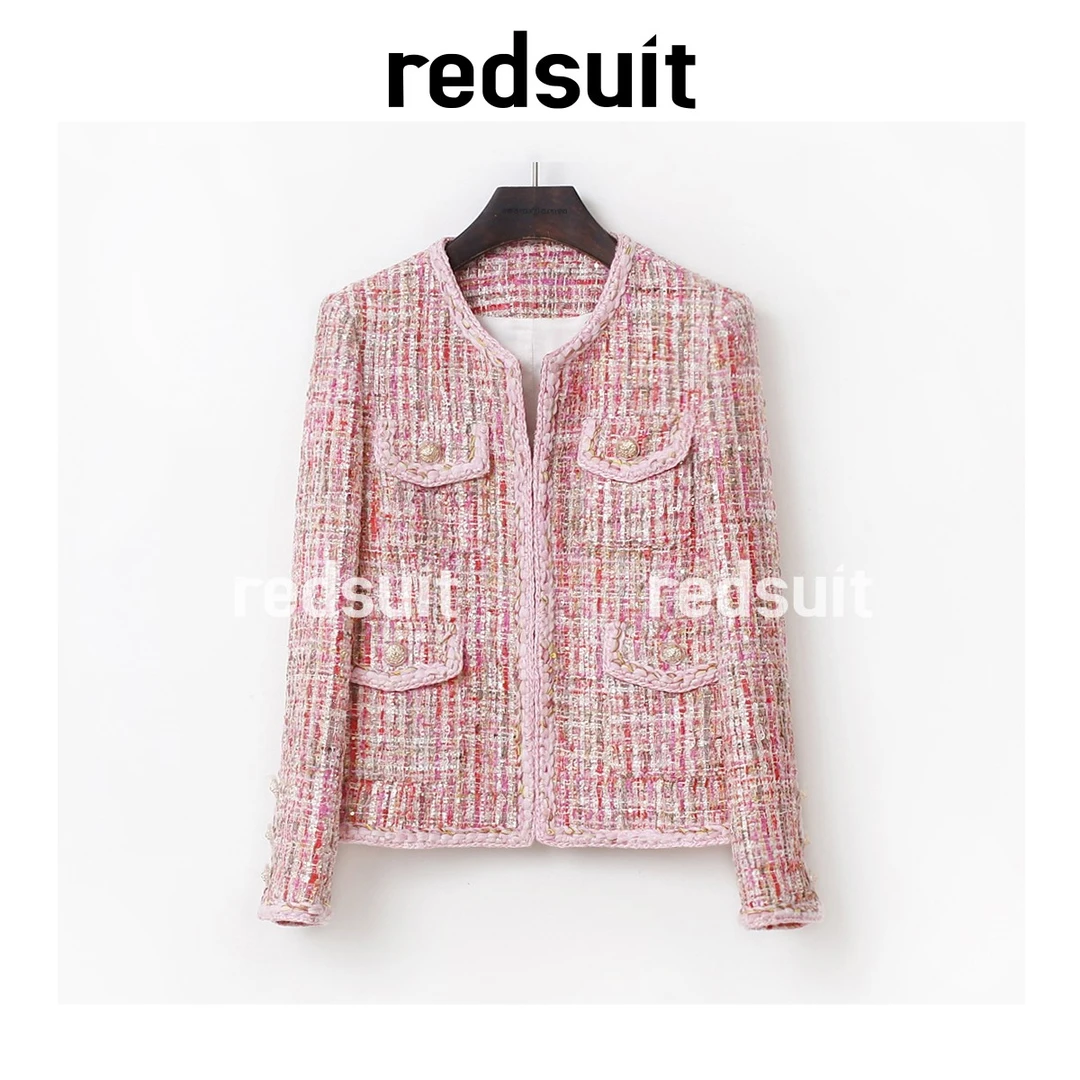 REDSUIT 法式重工编织高级感粉色小香风粗花呢编织短外套上衣新