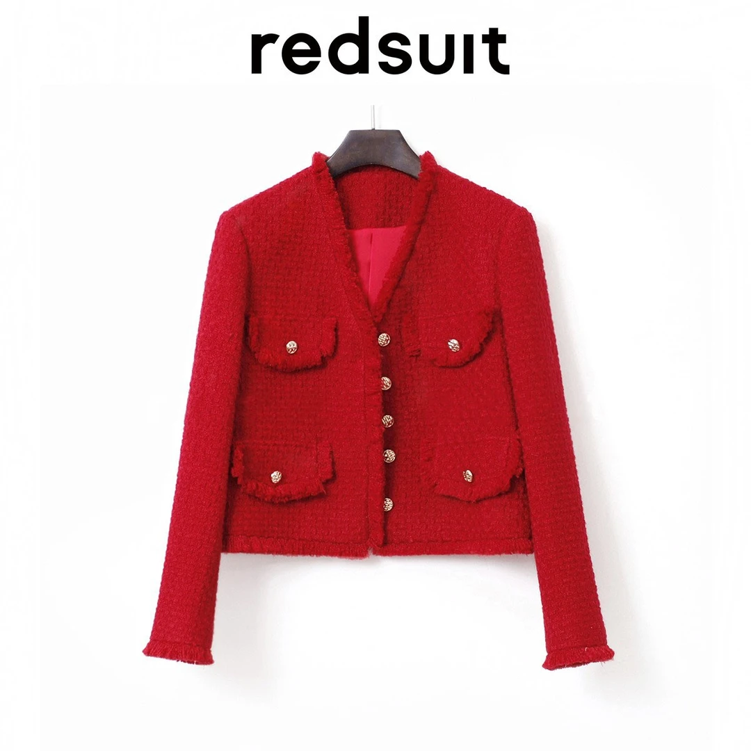 REDSUIT 永不过时！复古V领小香风外套羊毛编织气质百搭红色上衣