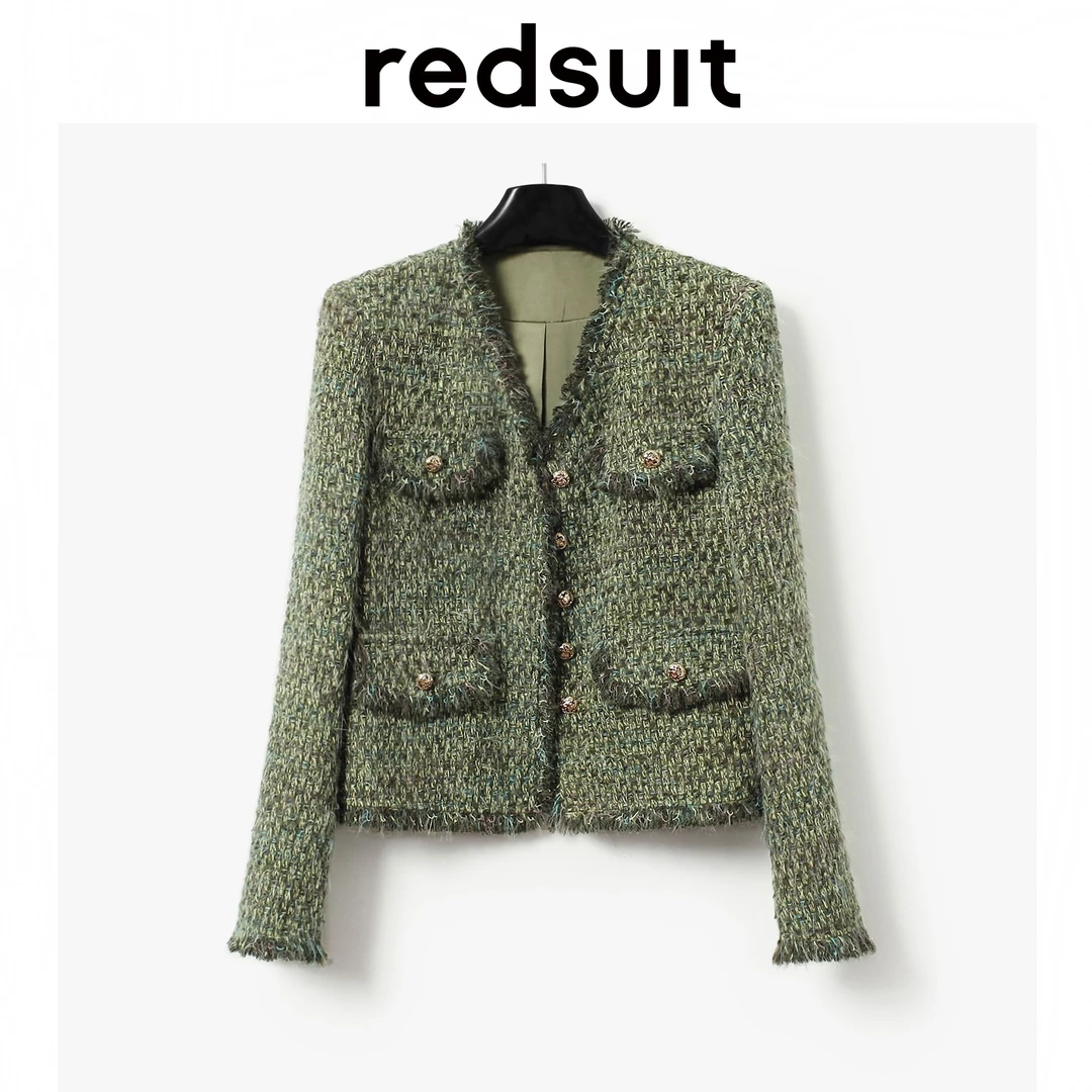 REDSUIT高级感法式时尚粗花呢编织绿色小香风外套流苏轻奢上衣