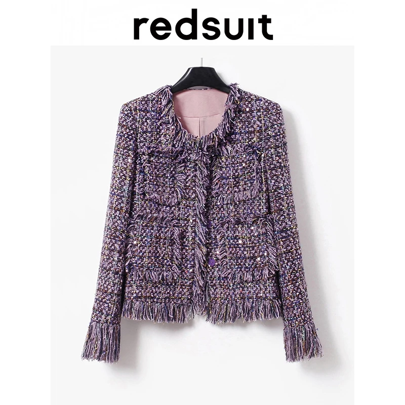REDSUIT法式轻熟盐系高级感百搭紫色流苏小香风外套设计感上衣