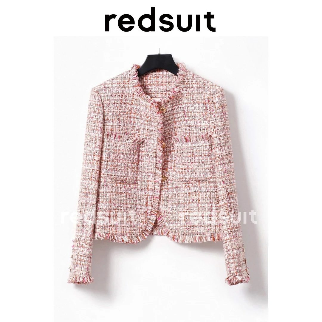 REDSUIT低调巨精致流苏圆领小香风外套重磅细腻花纱编织粉色上衣