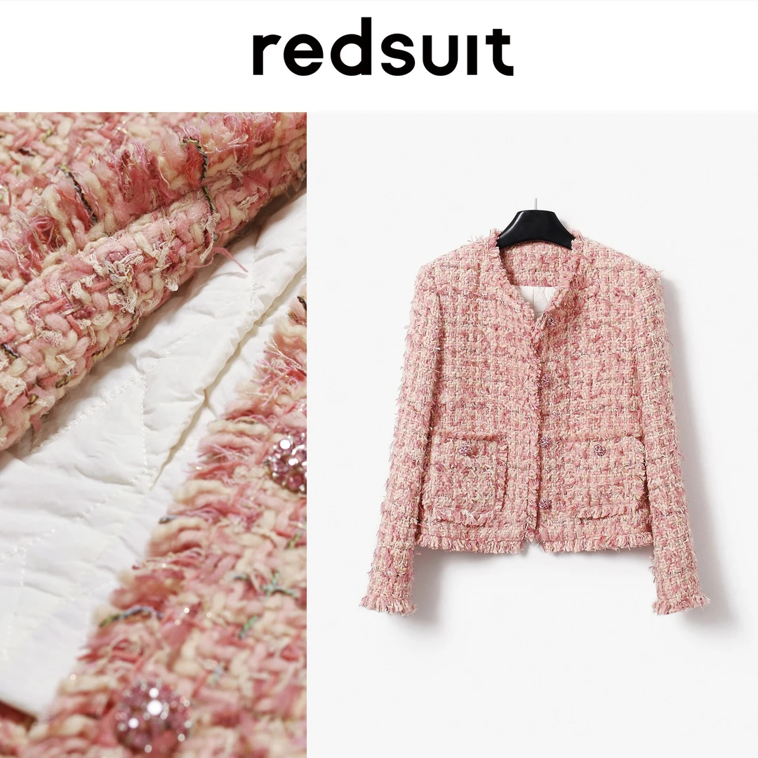 redsuit秋冬加棉高级保暖显瘦 蜜桃甜酒粉蝴蝶纱粗花呢小香风外套