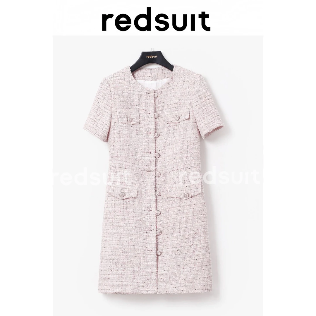 REDSUIT颜值法式名媛单排布包扣小香风连衣裙显瘦短袖收腰A字裙