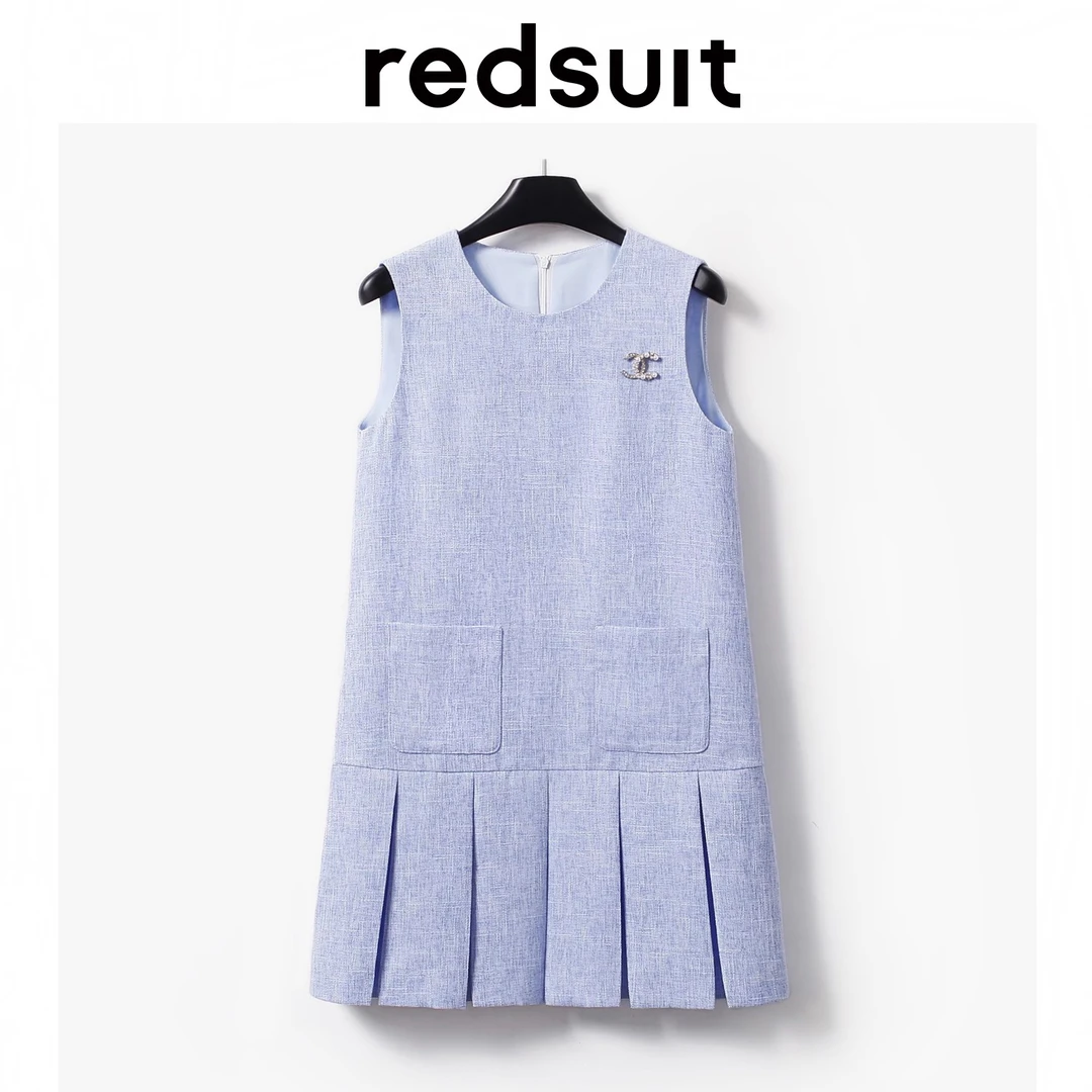 redsuit显瘦微阔时髦夏季无袖小香风百褶蓝色连衣裙优雅实穿a字裙