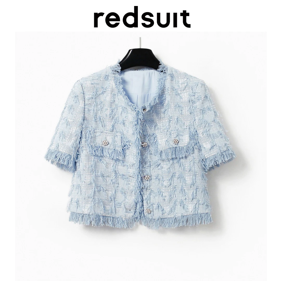 REDSUIT精致感十足！清新蓝色优雅小香风时尚设计感流苏短袖上衣