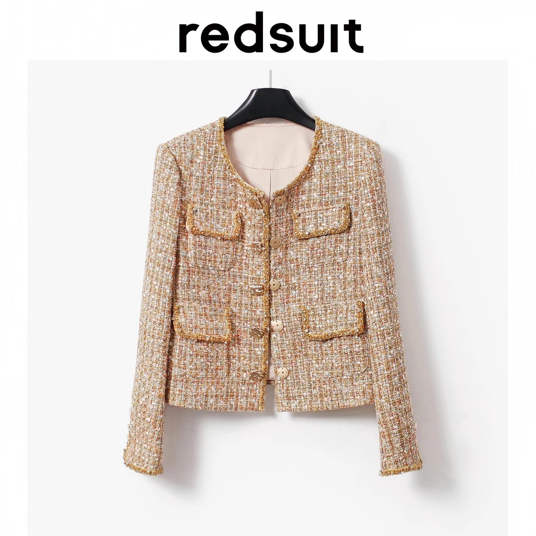 REDSUIT时尚别致彩咖色粗花呢小香风外套气质重工四温婉气质上衣