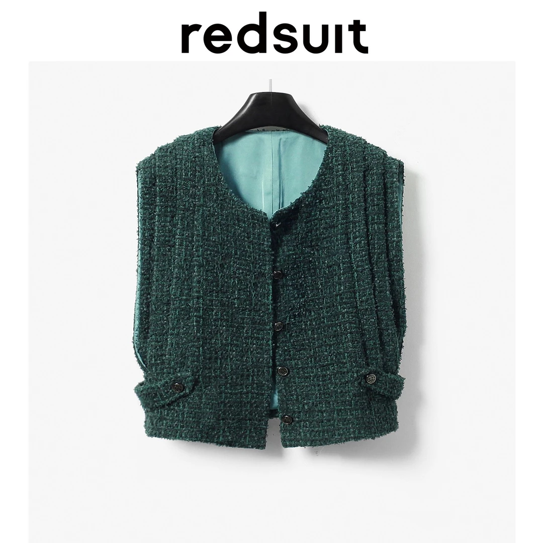 redsuit香奶奶超高设计感绿色高端小香风粗花呢复古马甲时尚上衣