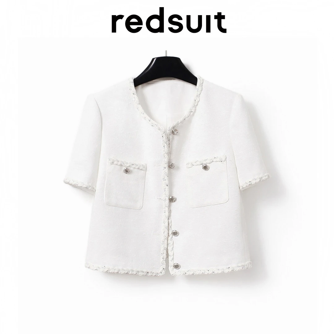 redsuit 时髦ins风手工编织银丝嵌边小香风简约通勤圆领短袖上衣