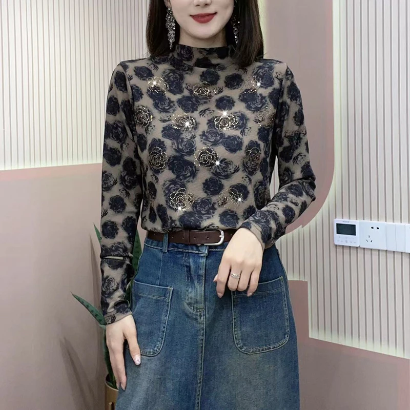 秋季新款半高领碎花烫钻显瘦百搭小衫时尚弹力气质洋气宽松打底衫