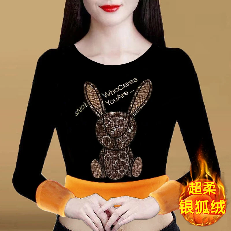 小兔子秋冬新款时尚保暖加绒加厚银狐绒长袖小衫妈妈装洋气上衣
