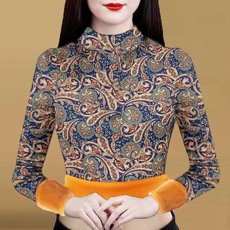 半高领打底衫女长袖冬季新款保暖加绒加厚修身显瘦印花长袖妈妈装