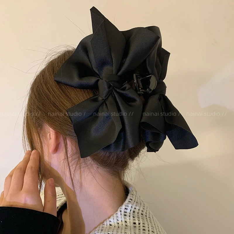 高版本超大黑蝴蝶结公主抓夹缎面法式鲨鱼夹发夹溯源好物