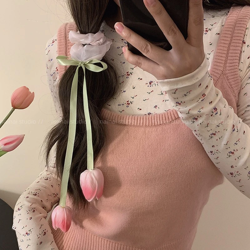 粉色郁金香发圈飘带蝴蝶结发绳春夏季新款大肠花朵头绳发饰
