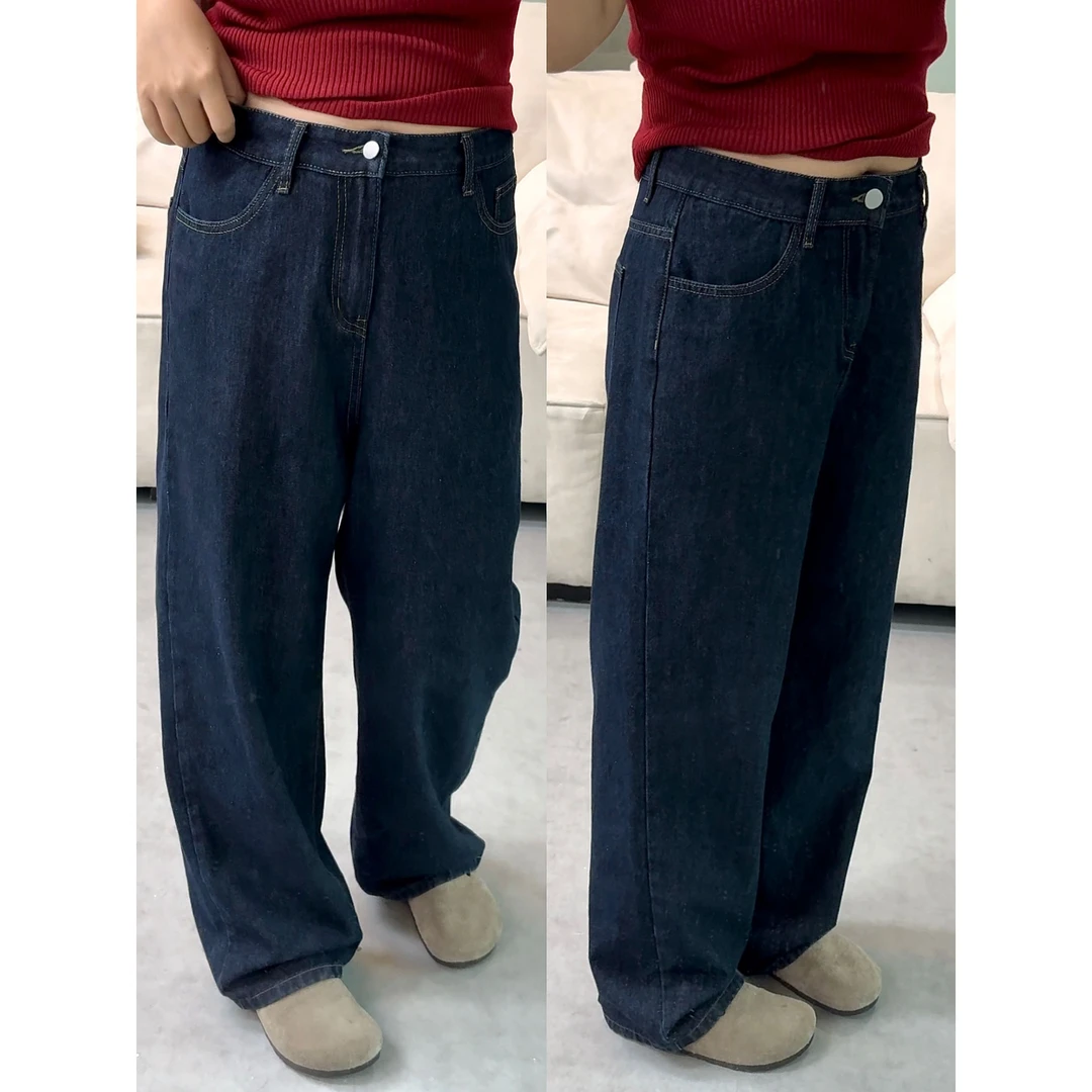 2024新款Jennie同款高腰直筒牛仔裤女深蓝色原牛丹宁阔腿裤