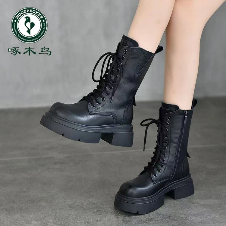 啄木鸟中筒靴女拉链款厚底高端棉靴2024秋冬新款英伦风加绒马丁靴