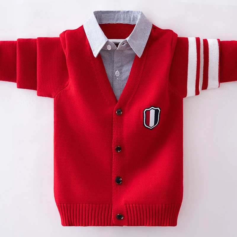 男童毛衣针织开衫2024秋冬新款洋气红色童装中大童儿童学院风外套