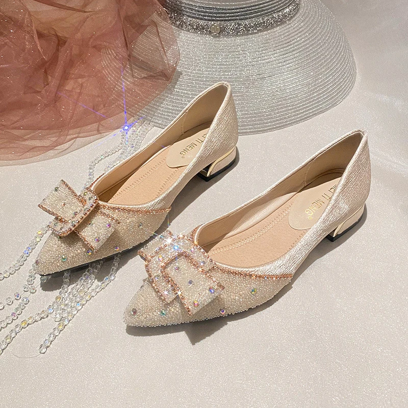 夏季软底单鞋女百搭尖头水钻瓢鞋法式黑色鞋中跟鞋粗跟大码工作鞋