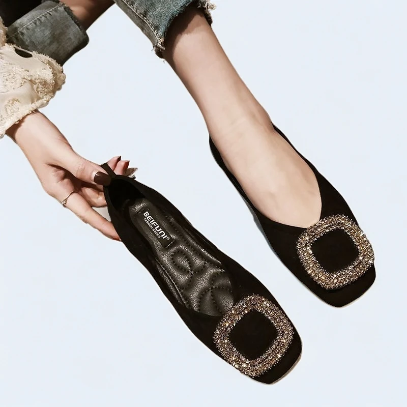 网红平底女单鞋夏季瓢鞋百搭黑色软底大码浅口方头低跟工作豆豆鞋