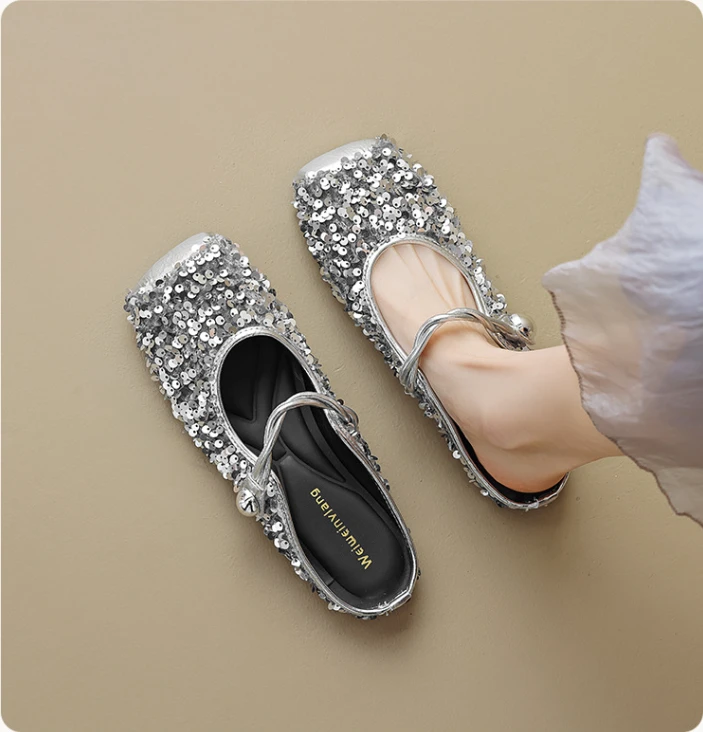 方头单鞋女时尚百搭平底一字带珠片仙女风夏季软底包头半拖鞋外穿