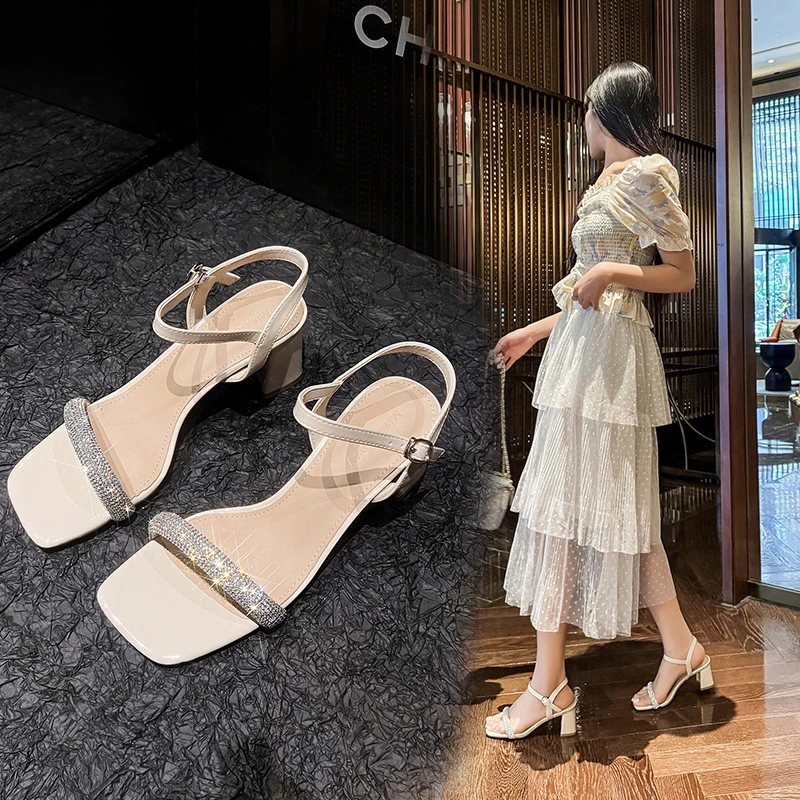 法式仙女风一字带粗跟凉鞋女时尚百搭气质2025夏季新款方头高跟鞋