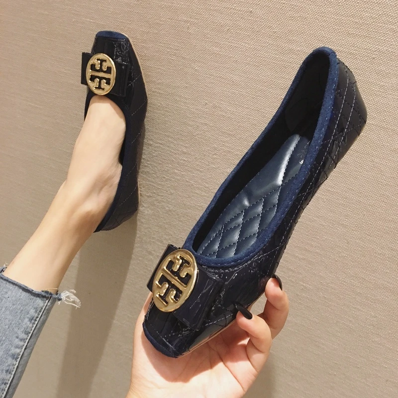 代购2025年夏季新款金属扣方头单鞋女浅口瓢鞋防滑平底大码豆豆鞋