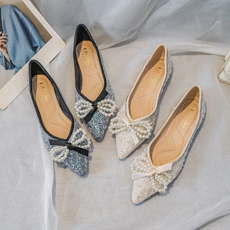 小香风气质新款尖头平底软底单鞋女夏季浅口水钻百搭瓢鞋大码船鞋