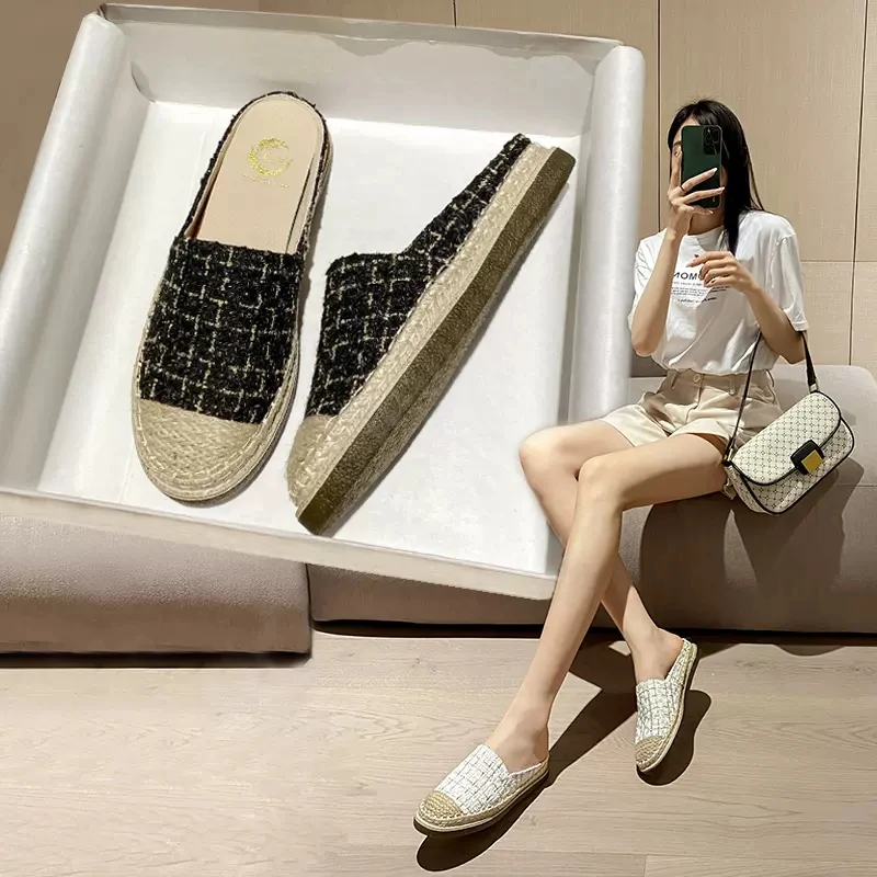夏季平底女小香风新款懒人一脚蹬鞋软底编织包头半拖外穿凉拖鞋