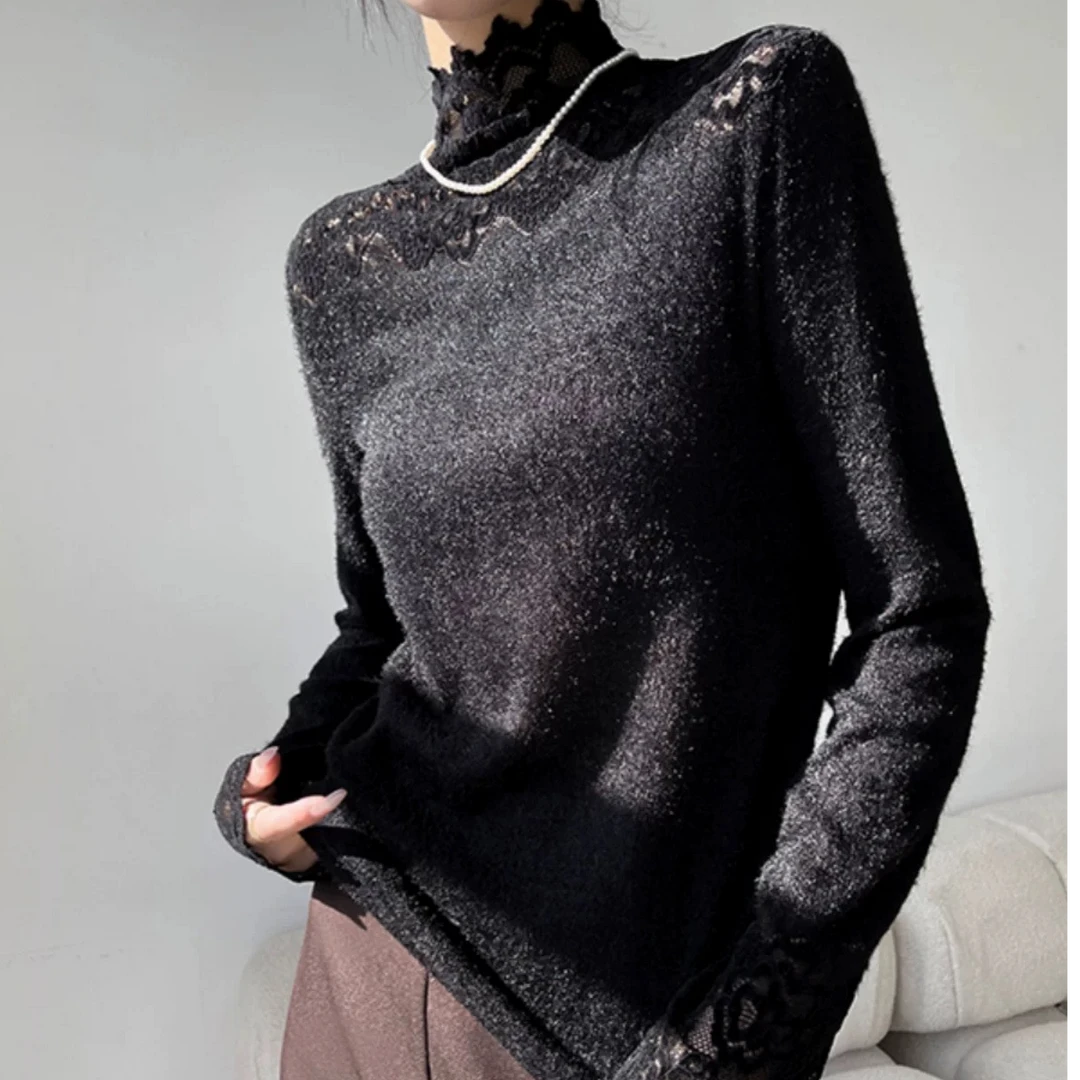 半高领木耳边蕾丝植绒网纱小衫打底