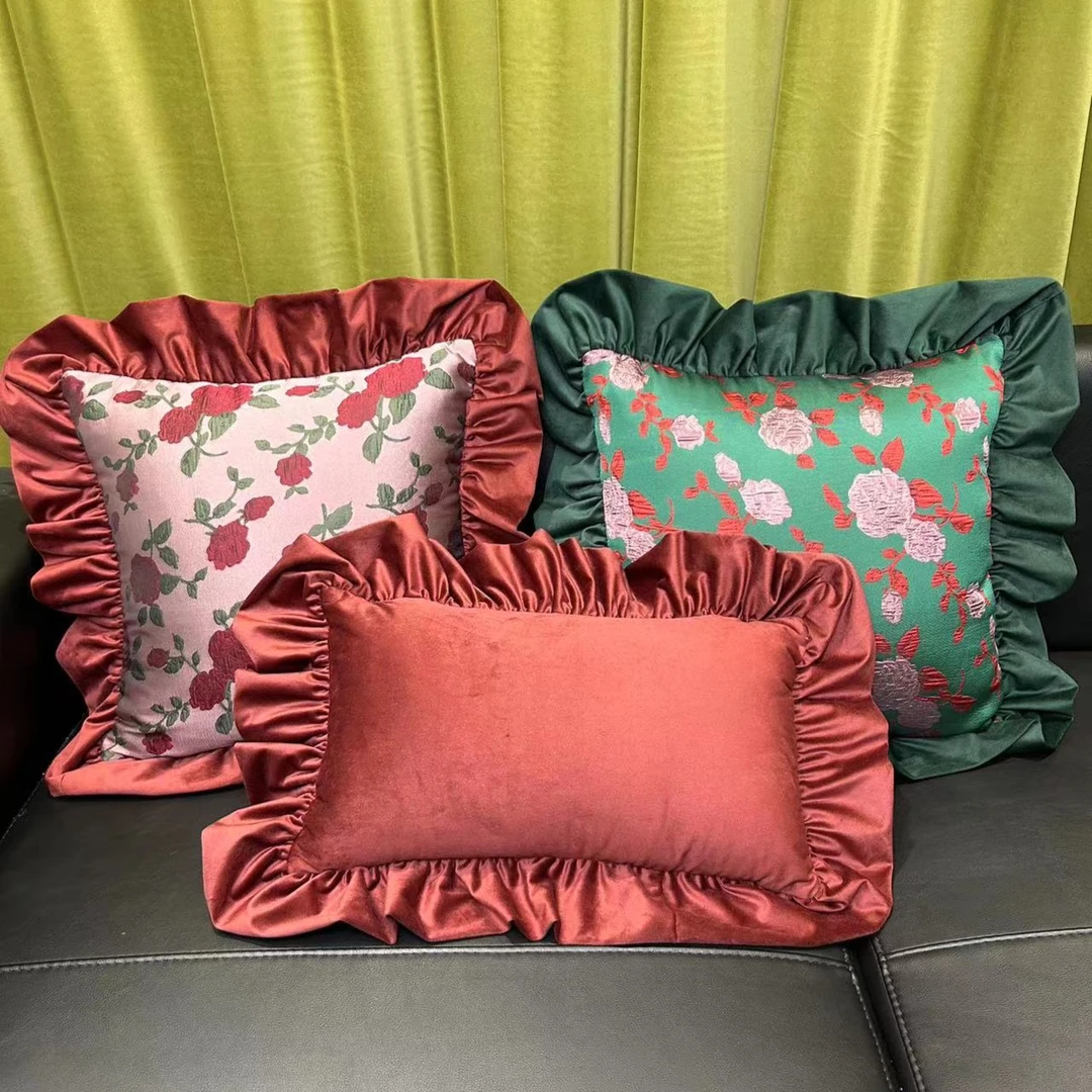 美式轻奢沙发靠枕复古刺绣高档抱枕办公室午睡沙发靠垫套丝绒抱枕