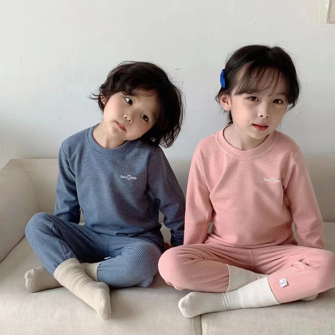 儿童新款条纹保暖套装洋气秋衣秋裤家居服套装男女童