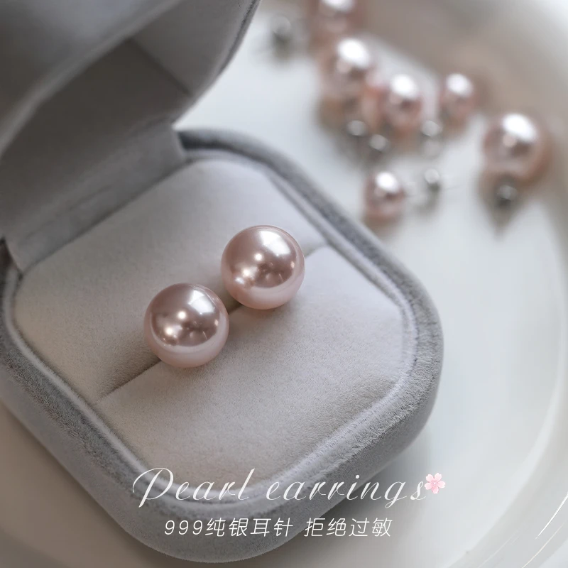 足银仿珍珠耳饰 999纯银耳钉女粉色施家耳环高级感复古耳饰