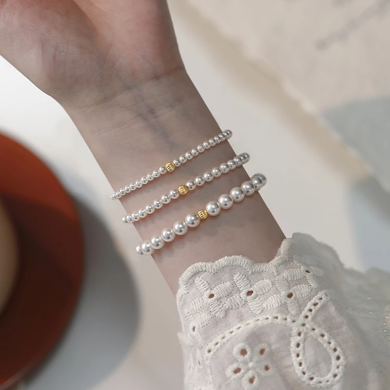 925银仿珍珠手链 施家女纯银轻奢高级感正圆小米珠复古弹力绳手饰