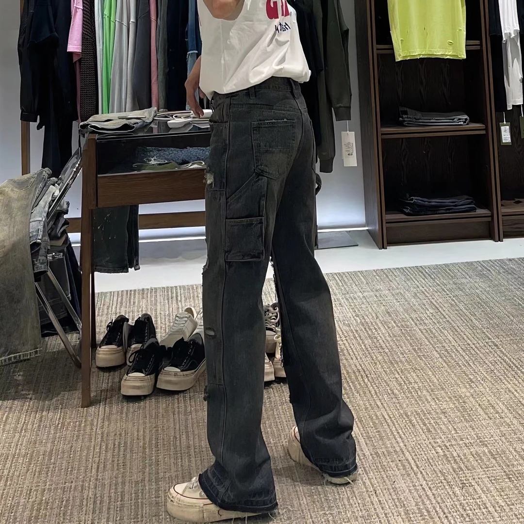 TKTHEKINGJS/1921美系高街重工洗水复古做旧宽松直筒微喇牛仔裤