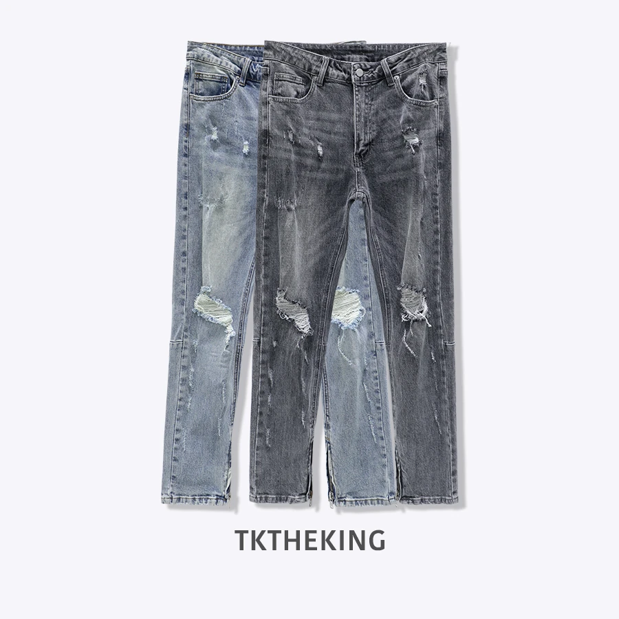 TKTHEKINGLP/R0017-R0018 春夏新款做旧水洗破洞修身小直筒牛仔裤