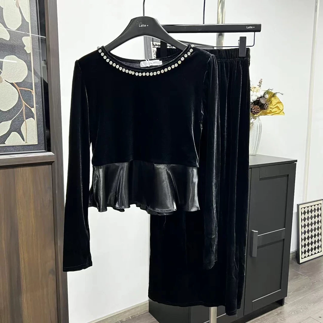 0826#长袖套装气质黑色设计师百搭两件套