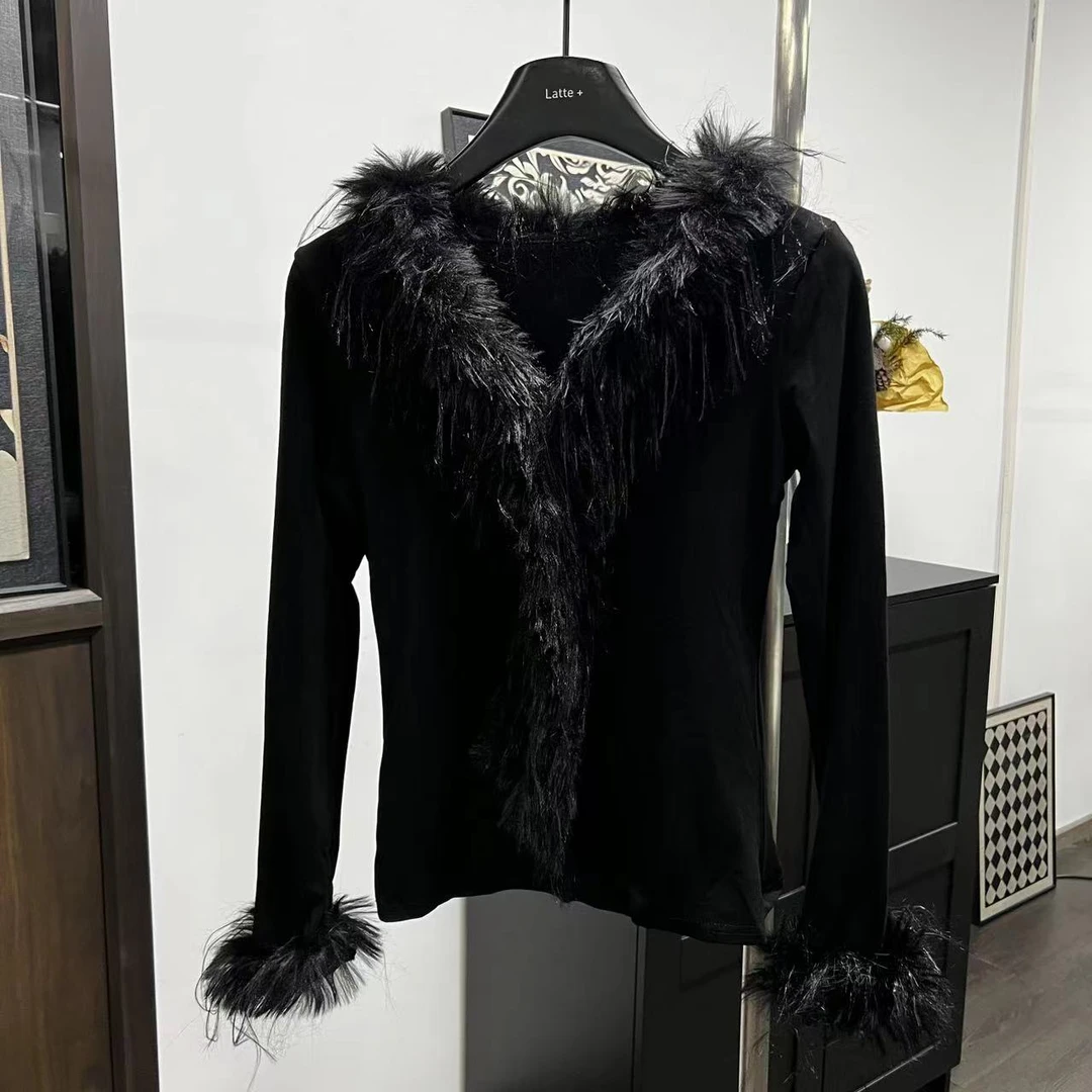 82179#毛领打底衫女款时尚长袖百搭