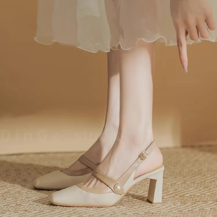 【Din Ge】小香风玛丽珍白色高跟鞋2025夏季粗跟凉鞋女气质复古单鞋