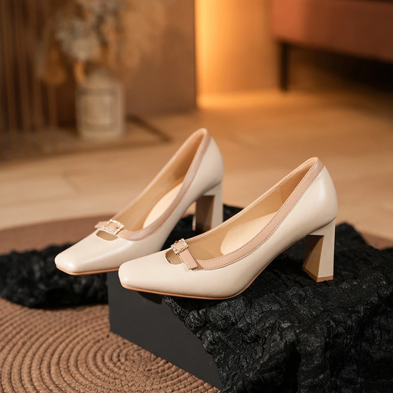 【Din Ge】一字带方头玛丽珍鞋2025新款气质粗跟单鞋女复古风高跟鞋