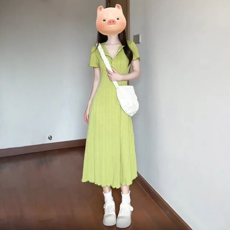 茶歇法式绿色polo连衣裙子女装夏季2025新款高级感小个子显瘦长裙