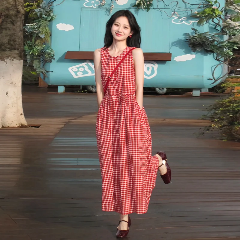 2025新款小个子红色格子无袖背心连衣裙子女夏季海边度假吊带长裙
