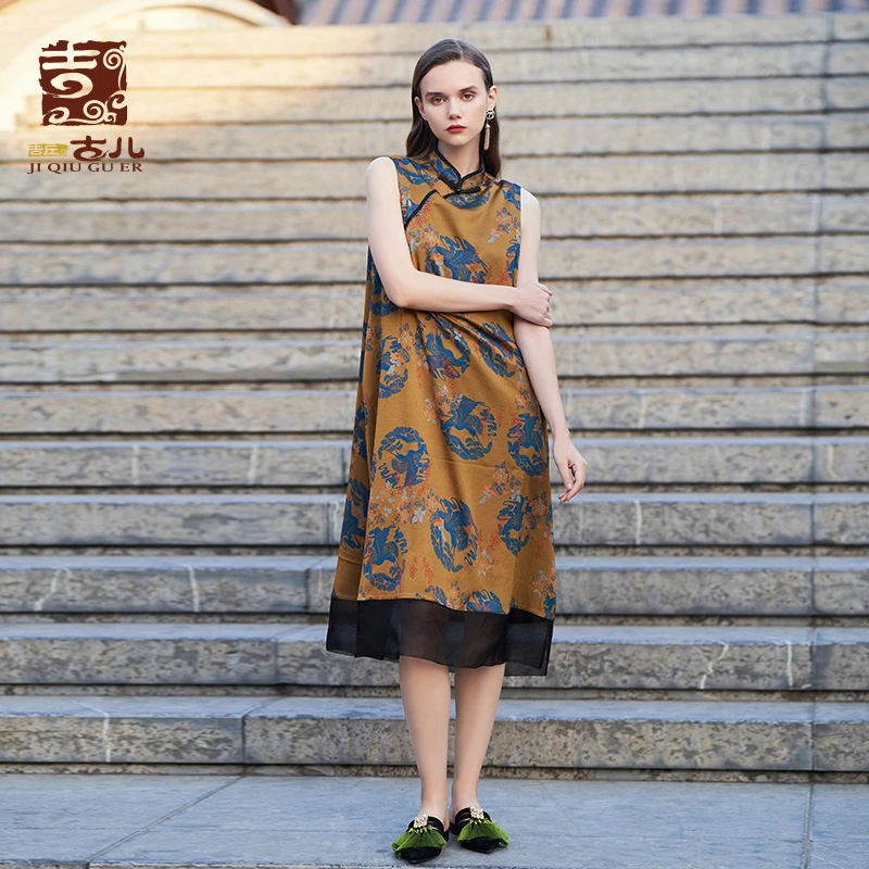 吉丘古儿原创设计连衣裙复古印花新中式立领无袖改良旗袍G232Y034