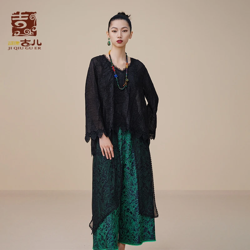 吉丘古儿蕉叶凝沙叶脉褶上衣水溶花边拼接肌理复古T恤G233Y068-1