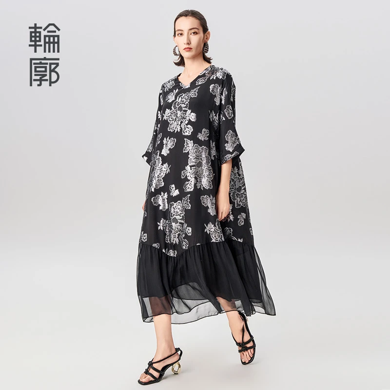 轮廓鎏光牡丹原创新中式桑蚕丝连衣裙复古气质中长裙子L242Y014