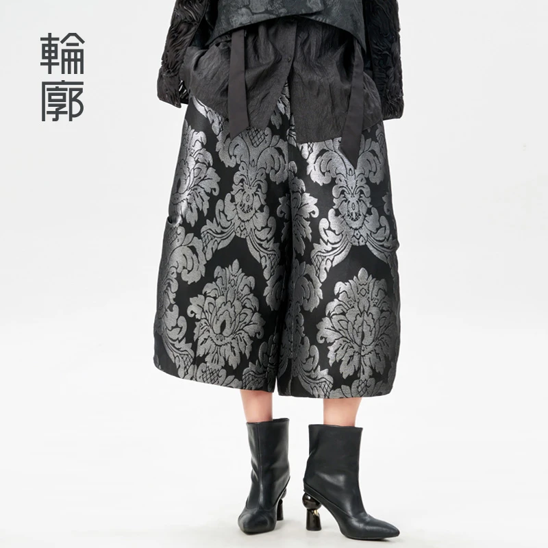轮廓迷情古堡提花阔腿裤复古宽松遮肉显瘦八分裤休闲裤L241K005