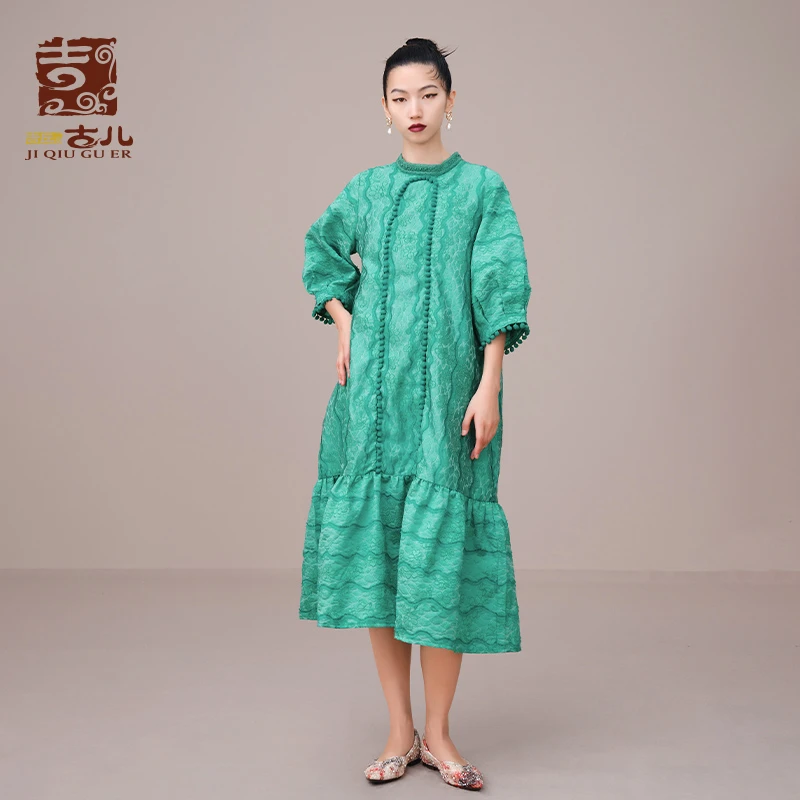 吉丘古儿原创连衣裙宽松立领通勤七分袖暗纹提花中长裙G232Y006