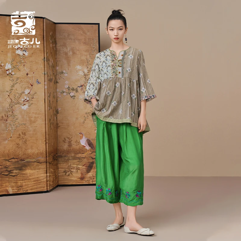 吉丘古儿原创复古小V领衬衫宽松时尚七分袖拼接提花衬衣G232Y037