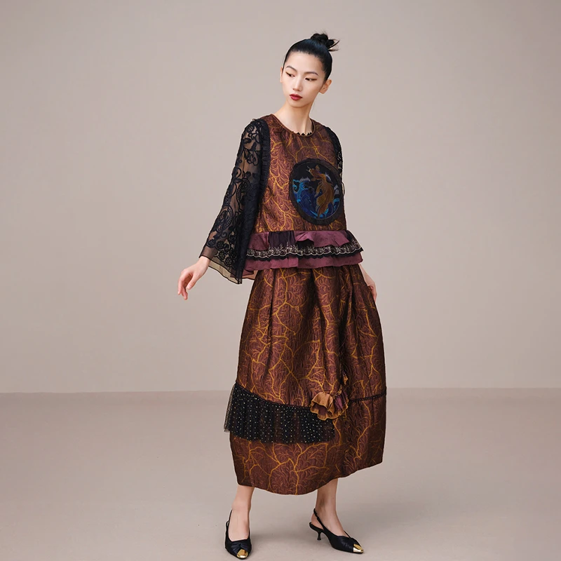 吉丘古儿陌上芳菲半身裙不对称网纱拼接花苞裙老钱风女装G223Q003